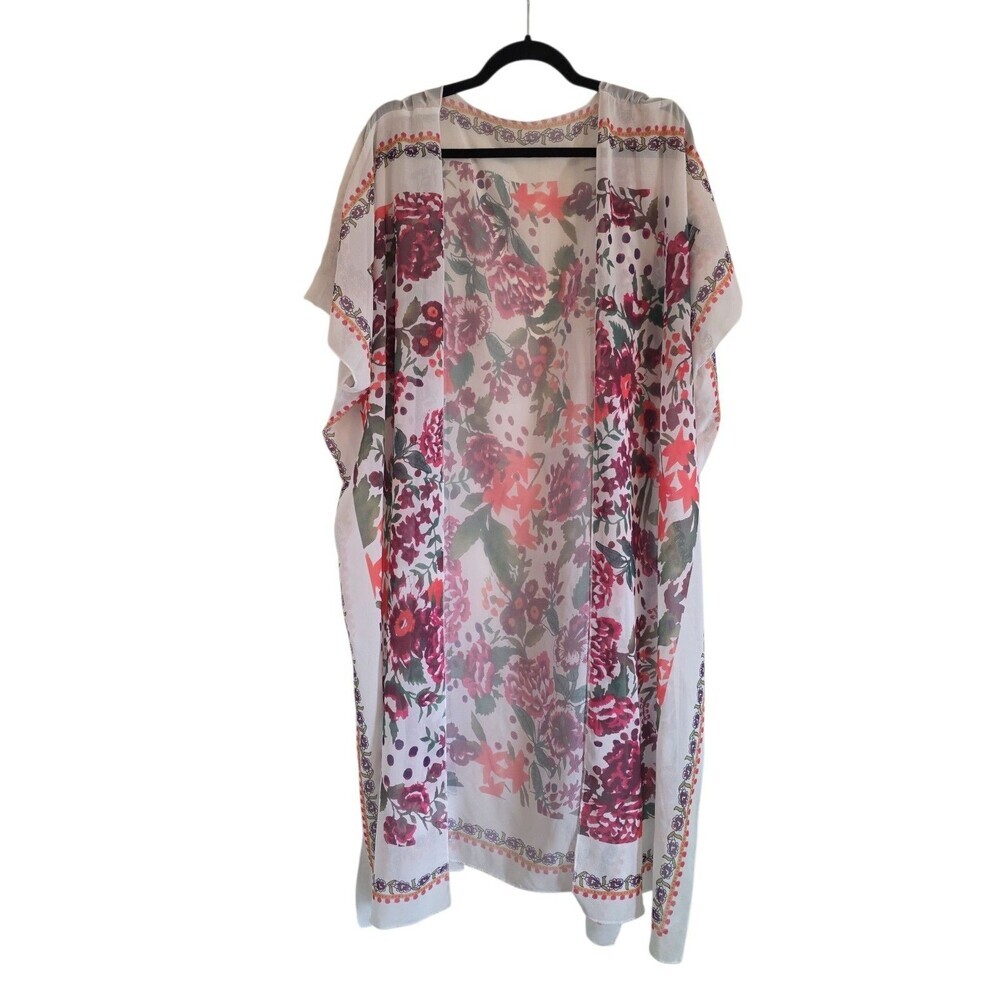 Hibluco  Floral Flowy Sheer Kimono Cardigan Lightweight Open Front Cover-Up 2XL